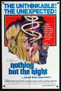 3g585 NOTHING BUT THE NIGHT one-sheet '72 Christopher Lee, really wild artwork of girl's split head!