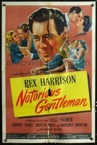 3g587 NOTORIOUS GENTLEMAN one-sheet movie poster '46 cool art of Rex Harrison dating many women!