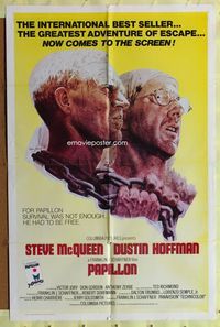 3g614 PAPILLON one-sheet movie poster '73 great Tom Jung art of Steve McQueen & Dustin Hoffman!