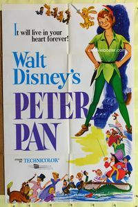 3g626 PETER PAN one-sheet R76 Walt Disney animated cartoon fantasy classic, great full-length art!