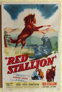 3g680 RED STALLION one-sheet movie poster '47 cool artwork of wild horse fighting grizzly bear!
