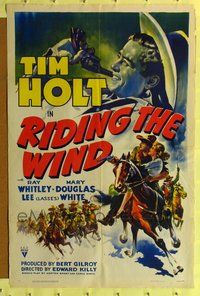 3g695 RIDING THE WIND one-sheet '41 great artwork of cowboy Tim Holt holding gun & on horseback!