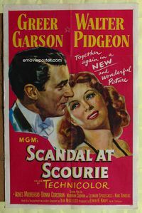 3g726 SCANDAL AT SCOURIE one-sheet '53 great romantic close up art of Greer Garson & Walter Pidgeon!