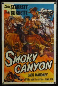 3g767 SMOKY CANYON one-sheet poster '51 art of Charles Starrett & Smiley Burnette herding cattle!