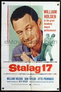 3g796 STALAG 17 one-sheet poster R59 William Holden, Robert Strauss, Billy Wilder WWII POW classic!