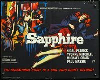 3h602 SAPPHIRE English 1/2sh '59 cool art of Yvonne Mitchell, Basil Dearden English murder mystery!