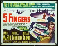 3h304 5 FINGERS half-sheet '52 James Mason, Danielle Darrieux, true story of the most fabulous spy!