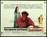 3h416 ELMER GANTRY half-sheet poster '60 Burt Lancaster, Jean Simmons, from Sinclair Lewis novel!