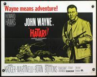 3h459 HATARI half-sheet movie poster R67 Howard Hawks, great image of John Wayne hunting in Africa!