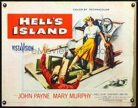 3h463 HELL'S ISLAND style B 1/2sheet '55 art of sexy Mary Murphy with gun on boat with John Payne!