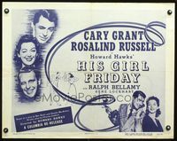 3h467 HIS GIRL FRIDAY 1/2sh R49 Howard Hawks, great image of winking Cary Grant & Rosalind Russell!