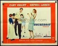 3h476 HOUSEBOAT style A half-sheet '58 Cary Grant holds kids as sexy Sophia Loren laughs at him!