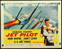 3h486 JET PILOT B 1/2sheet '57 art of pilot John Wayne & sexy stripping Janet Leigh, Howard Hughes
