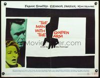 3h526 MAN WITH THE GOLDEN ARM 1/2sh R60 Frank Sinatra is hooked, classic Saul Bass art and design!