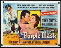 3h587 PURPLE MASK style B half-sheet poster '55 masked avenger Tony Curtis kisses Colleen Miller!
