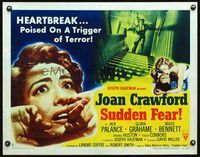 3h626 SUDDEN FEAR style B half-sheet '52 great close up of terrified Joan Crawford, Jack Palance