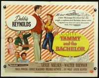 3h635 TAMMY & THE BACHELOR half-sheet '57 great image of Debbie Reynolds seducing Leslie Nielsen!