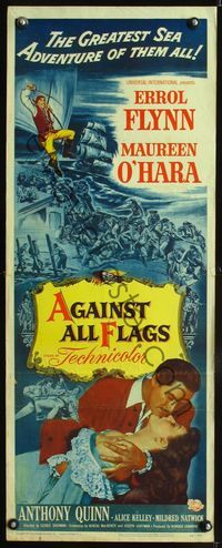3j308 AGAINST ALL FLAGS insert poster '52 Errol Flynn romances Maureen O'Hara, cool battle artwork!