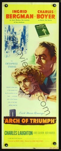 3j330 ARCH OF TRIUMPH insert poster '47 great art of pretty Ingrid Bergman, stern Charles Boyer!