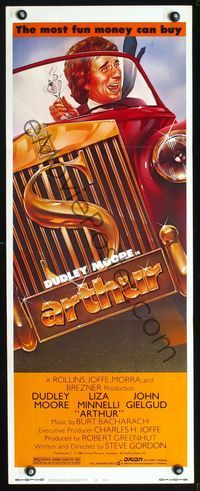 3j331 ARTHUR insert poster '81 artwork of drunken Dudley Moore driving car while holding martini!