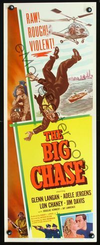 3j347 BIG CHASE insert '54 art of Glenn Langan falling from helicopter, plus crazed Lon Chaney Jr!