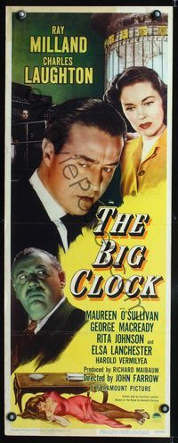3j348 BIG CLOCK insert poster '48 Ray Milland, pretty Maureen O'Sullivan, creepy Charles Laughton!