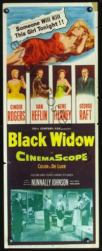 3j354 BLACK WIDOW insert poster '54 Ginger Rogers, Gene Tierney, Van Heflin, George Raft, sexy art!