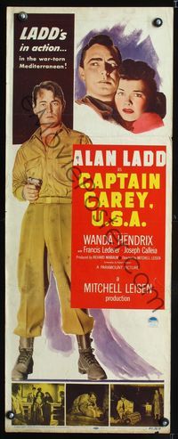 3j381 CAPTAIN CAREY, U.S.A. insert poster '50 Alan Ladd is in action in the war-torn Mediterranean!