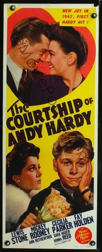 3j398 COURTSHIP OF ANDY HARDY insert '42 great art of Mickey Rooney w/flowers, Cecilia Parker!