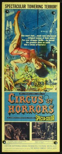 3j390 CIRCUS OF HORRORS insert poster '60 outrageous horror art of sexy trapeze girl strangled!