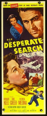 3j415 DESPERATE SEARCH insert poster '52 Jane Greer & Howard Keel stranded, art of big cat attack!