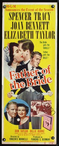 3j446 FATHER OF THE BRIDE insert poster '50 art of Liz Taylor in wedding gown & broke Spencer Tracy!
