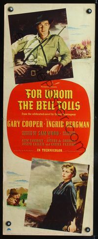 3j460 FOR WHOM THE BELL TOLLS insert poster '43 really great art of Gary Cooper & Ingrid Bergman!