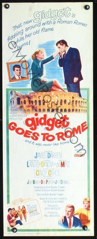 3j478 GIDGET GOES TO ROME insert movie poster '63 James Darren & Cindy Carol by Italy's Colisseum!