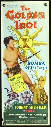 3j491 GOLDEN IDOL insert movie poster '54 full-length Johnny Sheffield as Bomba with spear!