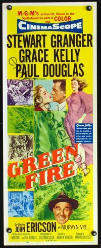 3j494 GREEN FIRE insert movie poster '54 art of beautiful full-length Grace Kelly & Stewart Granger!