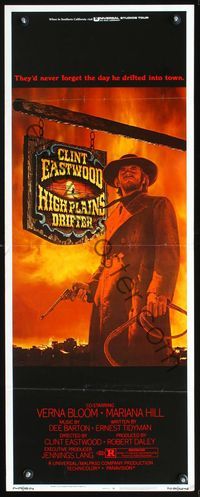3j510 HIGH PLAINS DRIFTER insert movie poster '73 great art of Clint Eastwood holding gun & whip!