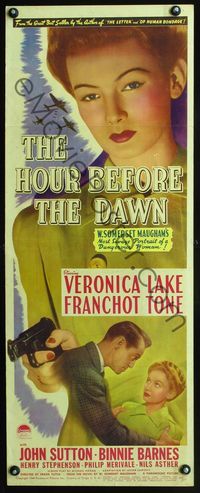 3j522 HOUR BEFORE THE DAWN insert poster '44 huge close up of Nazi spy Veronica Lake pointing gun!