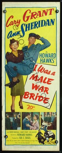 3j530 I WAS A MALE WAR BRIDE insert '49 wacky image of Ann Sheridan carrying Cary Grant, Hawks!