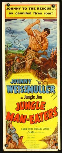 3j550 JUNGLE MAN-EATERS insert '54 cool art of Johnny Weissmuller as Jungle Jim fighting cannibals!