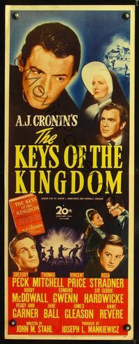 3j553 KEYS OF THE KINGDOM insert poster '44 religious Gregory Peck, Vincent Price, Thomas Mitchell!