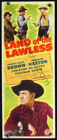 3j566 LAND OF THE LAWLESS insert '47 cool close up image of cowboy Johnny Mack Brown & w/bad guys!