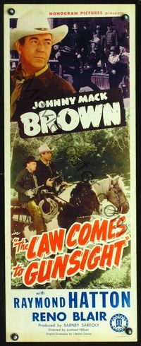 3j570 LAW COMES TO GUNSIGHT insert movie poster '47 great images of tough cowboy Johnny Mack Brown!
