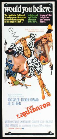 3j578 LIQUIDATOR insert movie poster '66 artwork of Rod Taylor & sexy spy babes by Bob Peak!