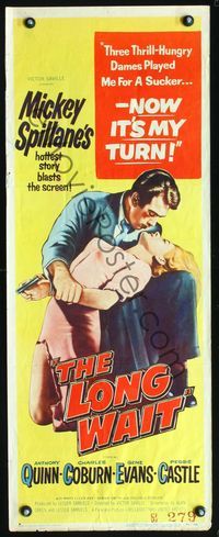 3j585 LONG WAIT insert movie poster '54 Mickey Spillane, art of Anthony Quinn & sexy girl with gun!