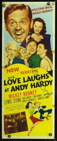 3j593 LOVE LAUGHS AT ANDY HARDY insert poster '47 wonderful artwork of Mickey Rooney with sexy girl!