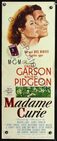 3j596 MADAME CURIE insert movie poster '43 cool close-up art of Greer Garson & Walter Pidgeon!