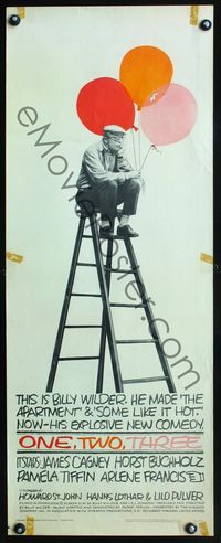 3j650 ONE TWO THREE insert '62 great image of director Billy Wilder sitting on laddy with balloons!