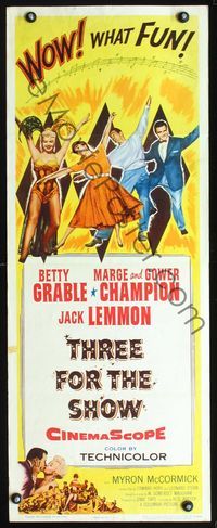 3j765 THREE FOR THE SHOW insert movie poster '54 Betty Grable, Jack Lemmon, Marge & Gower Champion