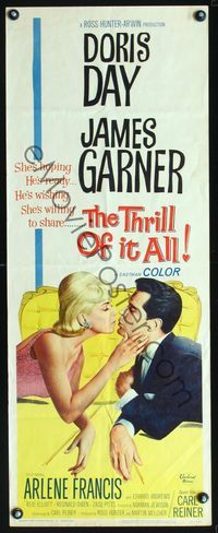 3j766 THRILL OF IT ALL insert movie poster '63 wonderful artwork of Doris Day kissing James Garner!